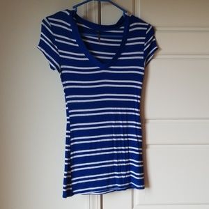Royal Blue and White Striped V-Neck Tee